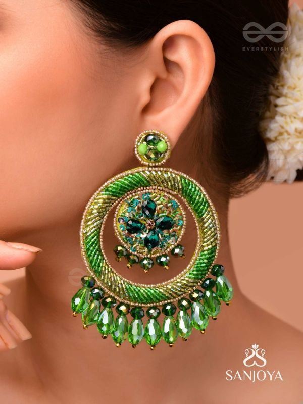 Sauparna- The Elegant Emerald- Stones and Glass Drops Embroidered Earrings