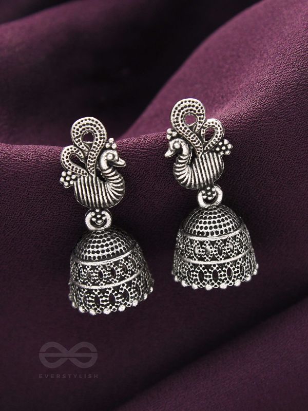 The Prink Peacock- Oxidised Jhumka Earrings