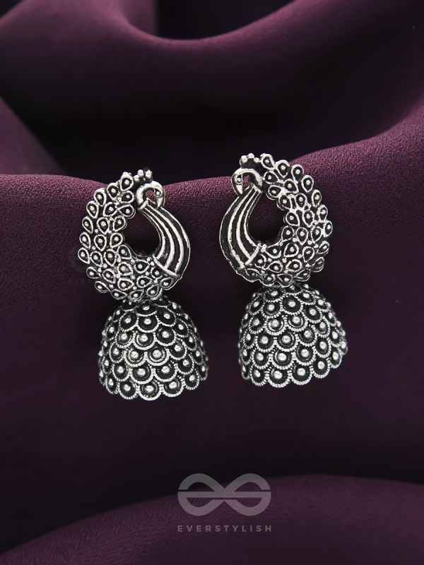 The Twirling Peacock- Oxidised Jhumka Earrings