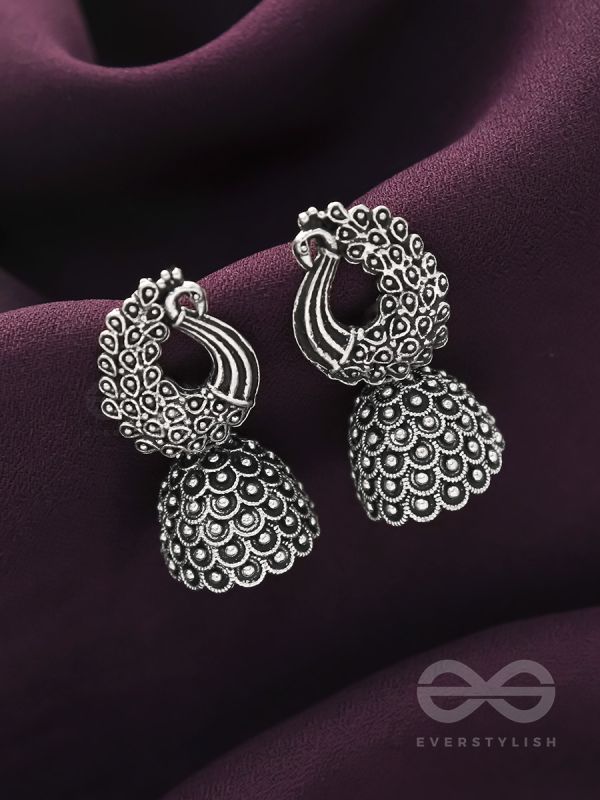 The Twirling Peacock- Oxidised Jhumka Earrings