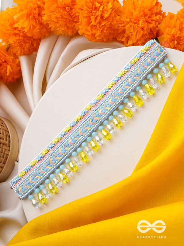 Kelih - Garden Of Sky - Resham, Cutdana And Glass Drops Hand Embroidered Choker Neckpiece