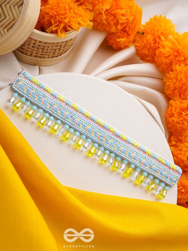 Kelih - Garden Of Sky - Resham, Cutdana And Glass Drops Hand Embroidered Choker Neckpiece