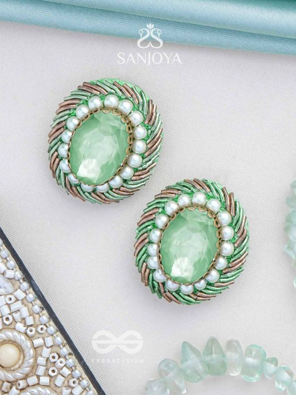 Hariparna - The Green Gem - Beads And Stones Hand Embroidered Earrings