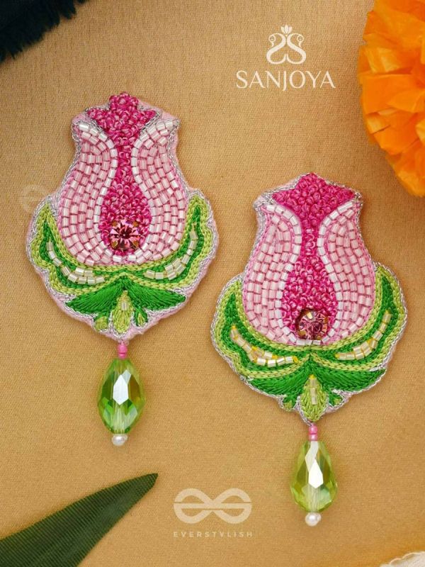 Ambuda- The Lotus Bud- Resham and Glass Drops Embroidered Earrings