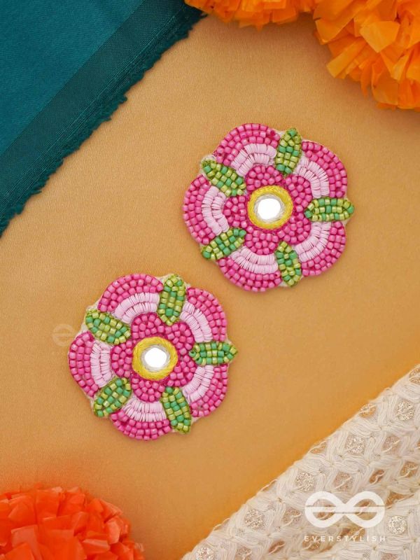 Saumana- The Pink Blossom- Resham and Mirror Embroidered Earrings