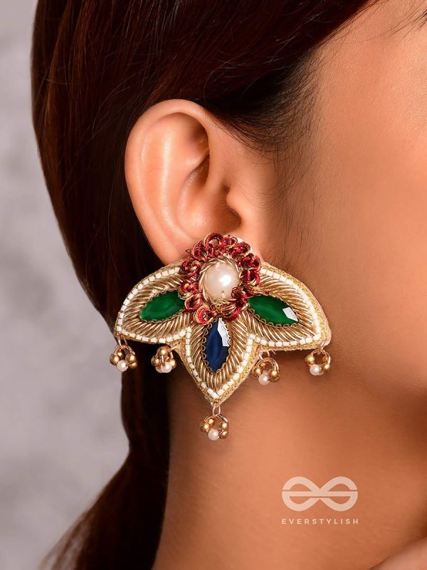 Kaaravi- The Lush Leaf- Resham, Pearls and Stones Embroidered Earrings