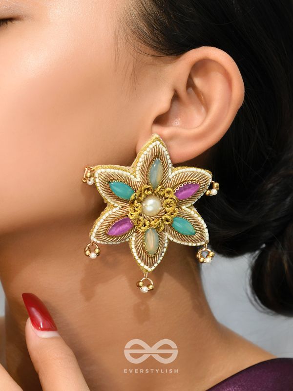 Kuvalya- The Colorful Bloom- Pearls and Stones Embroidered Earrings