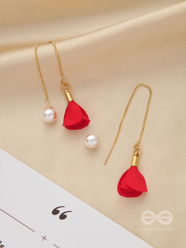 HANGING IN BALANCE PEARL AND FLOWERS NEEDLE EARRINGS- RED