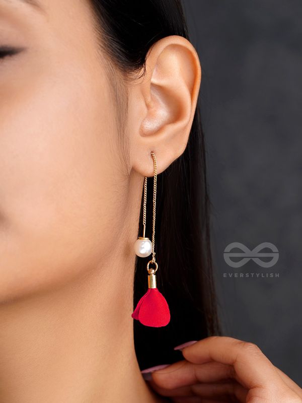 HANGING IN BALANCE PEARL AND FLOWERS NEEDLE EARRINGS- RED