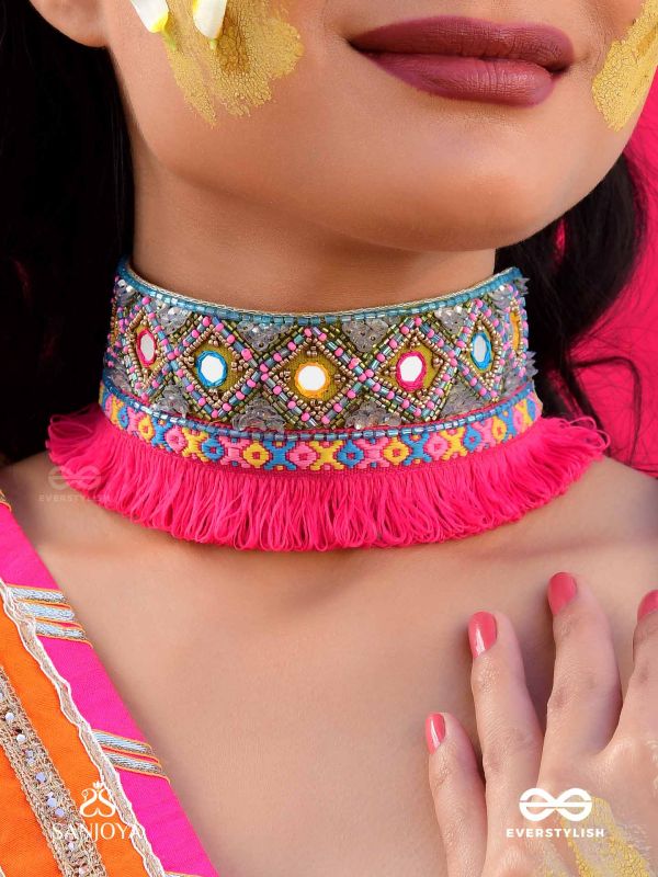 Nirmoka- The Pink Sky- Mirrors, Resham and Lace Embroidered Choker Necklace