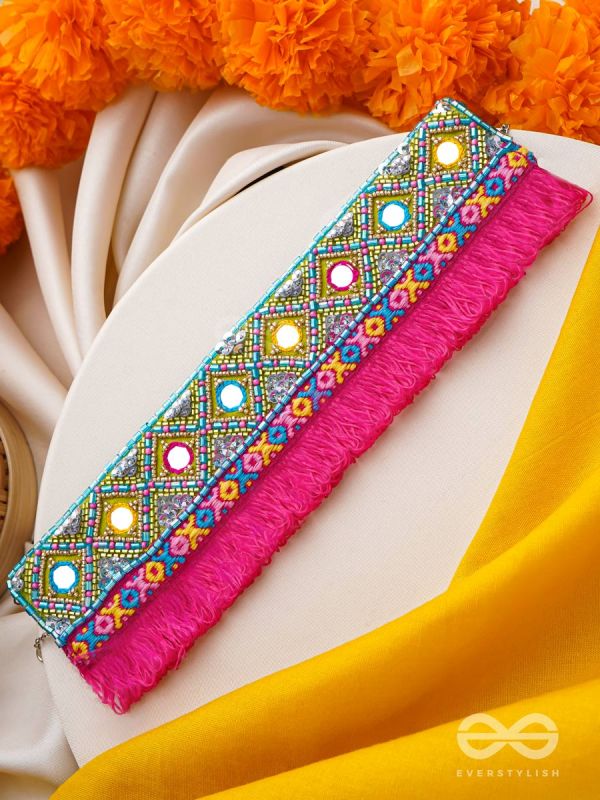 Nirmoka- The Pink Sky- Mirrors, Resham and Lace Embroidered Choker Necklace