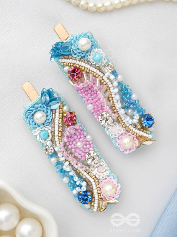 Velaam- Sea and Beach- Stones, Sequins and Beads Embroidered Hair Clips