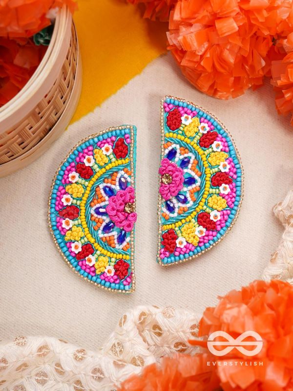 Vrittardha- The Florid Semicircle- Stones, Sequins and Resham Embroidered Stud Earrings