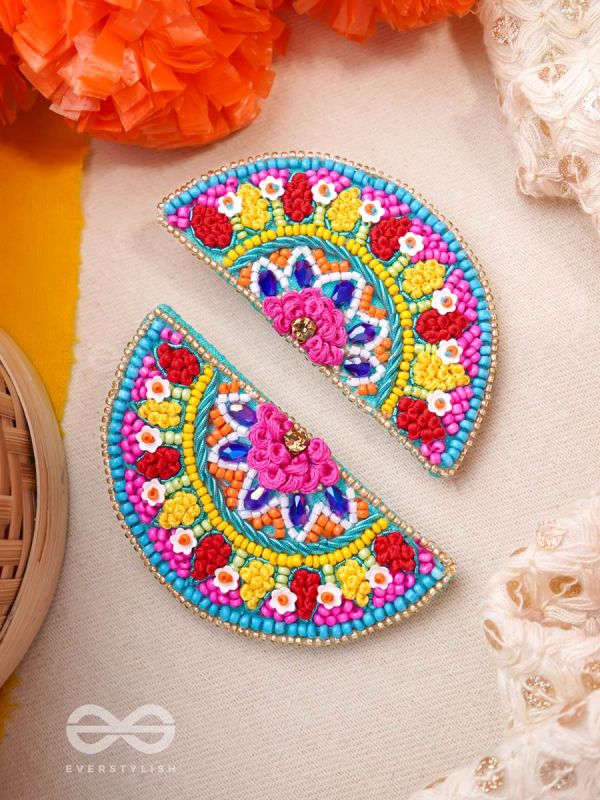 Vrittardha- The Florid Semicircle- Stones, Sequins and Resham Embroidered Stud Earrings