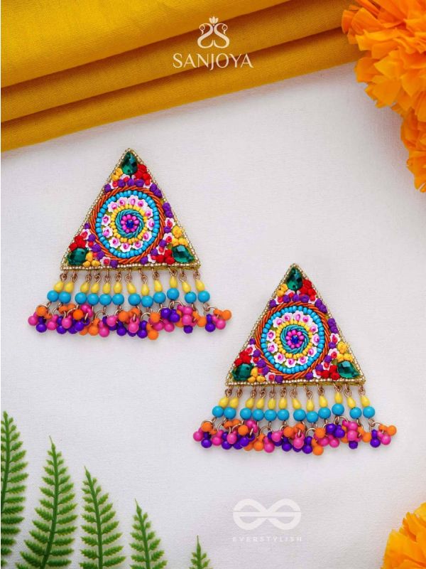 Tryashra - The Vibrant Triangle - Stones, Sequins And Resham Hand Embroidered Earrings