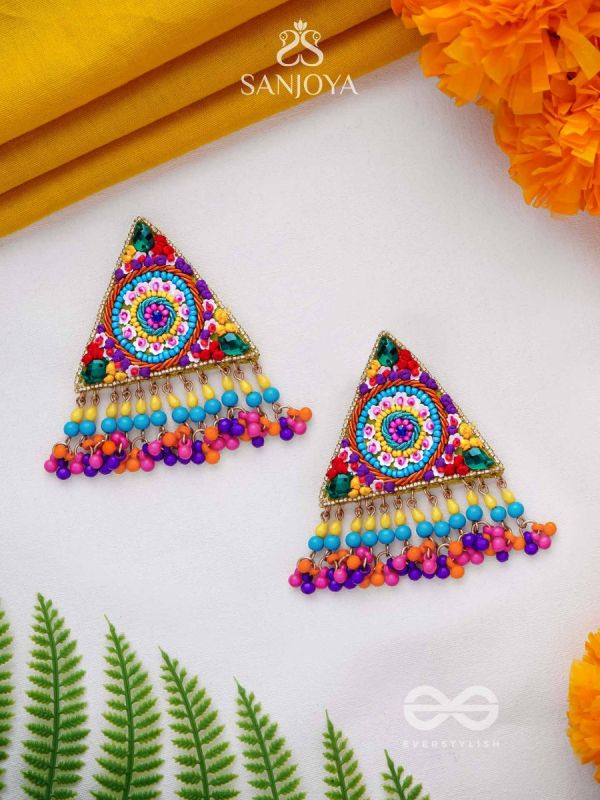 Tryashra - The Vibrant Triangle - Stones, Sequins And Resham Hand Embroidered Earrings