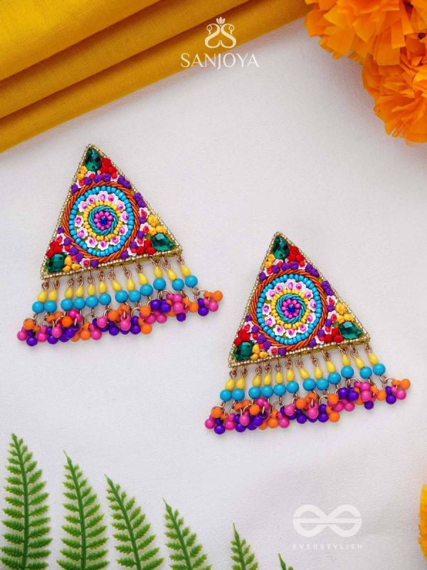 Tryashra - The Vibrant Triangle - Stones, Sequins And Resham Hand Embroidered Earrings