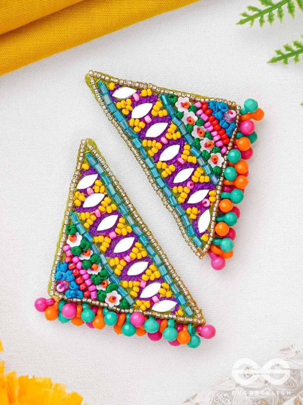 Shikharin - The Gorgeous Pyramid - Mirrors, Beads And Resham Hand Embroidered Stud Earrings