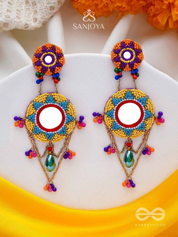 Rashmivat - The Golden Sun - Mirrors, Resham And Beads Hand Embroidered Earrings