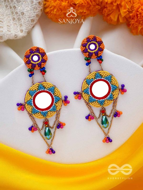 Rashmivat - The Golden Sun - Mirrors, Resham And Beads Hand Embroidered Earrings