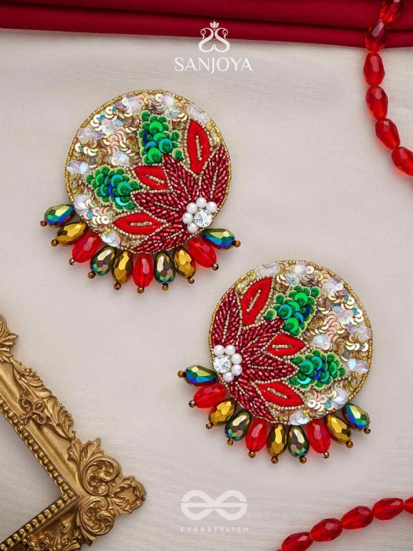 Surangi - The Red Flower Tree - Resham, Cutdana And Sequins Hand Embroidered Earrings