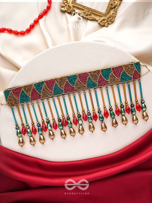Vishti - The Colorful Rain - Cutdana, Beads And Glass Drops Hand Embroidered Choker Neckpiece