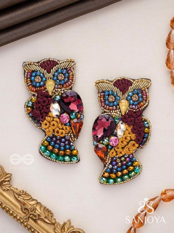 Krushika - The Majestic Owl - Stones, Resham And Beads Hand Embroidered Earrings
