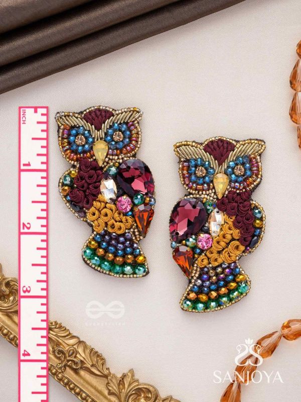 Krushika - The Majestic Owl - Stones, Resham And Beads Hand Embroidered Earrings