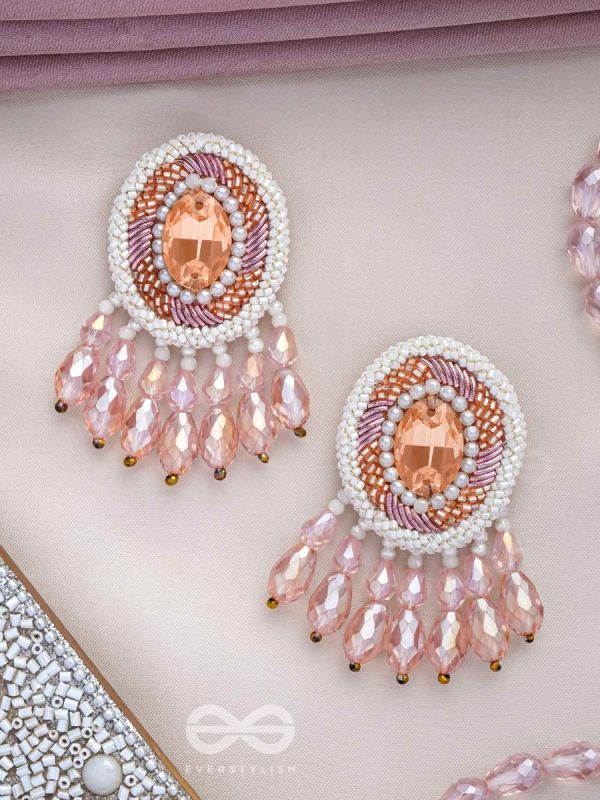 Praatika - The Pink Rose - Stone, Cutdana And Glass Drops Hand Embroidered Earrings