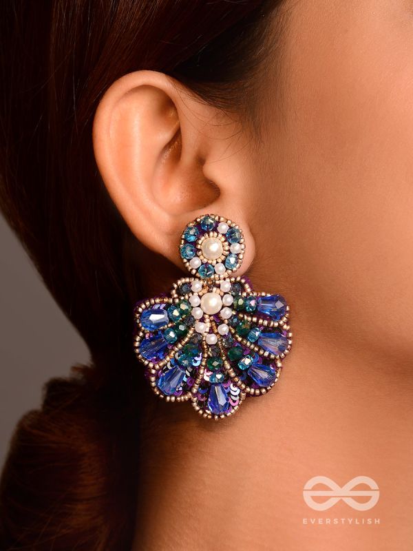 Vrikshagra- The Indigo Crown- Pearls, Beads & Sequins Embroidered Earrings