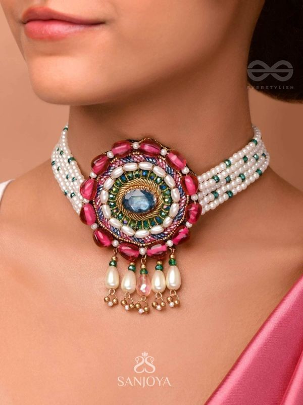 Praatika- The China Rose - Stone,  Beads And Pearl Drops Hand Embroidered Choker Neckpiece