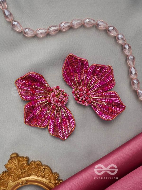 Prasthika- The Crimson Hibiscus- Sequins And Beads Embroidered Stud Earrings