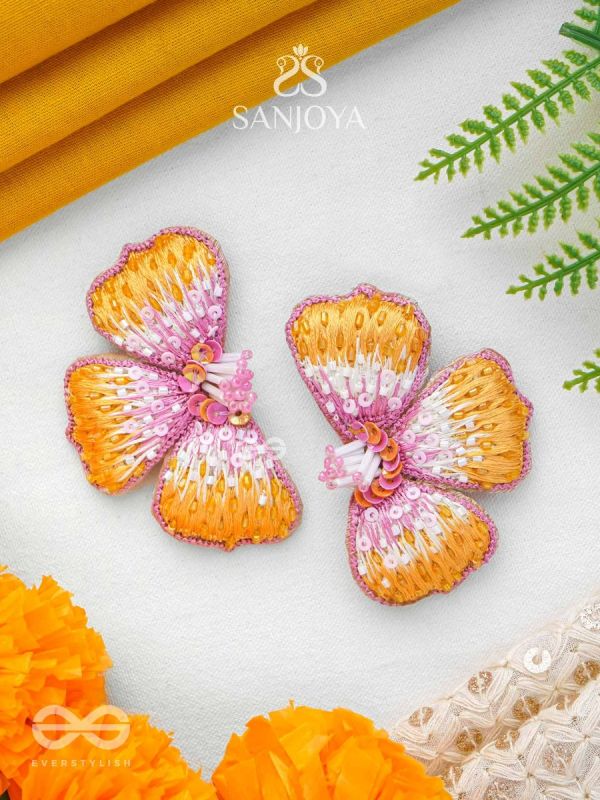 Shobhana - The Shining - Sequins And Resham Hand Embroidered Earrings (Pink & Mustard)