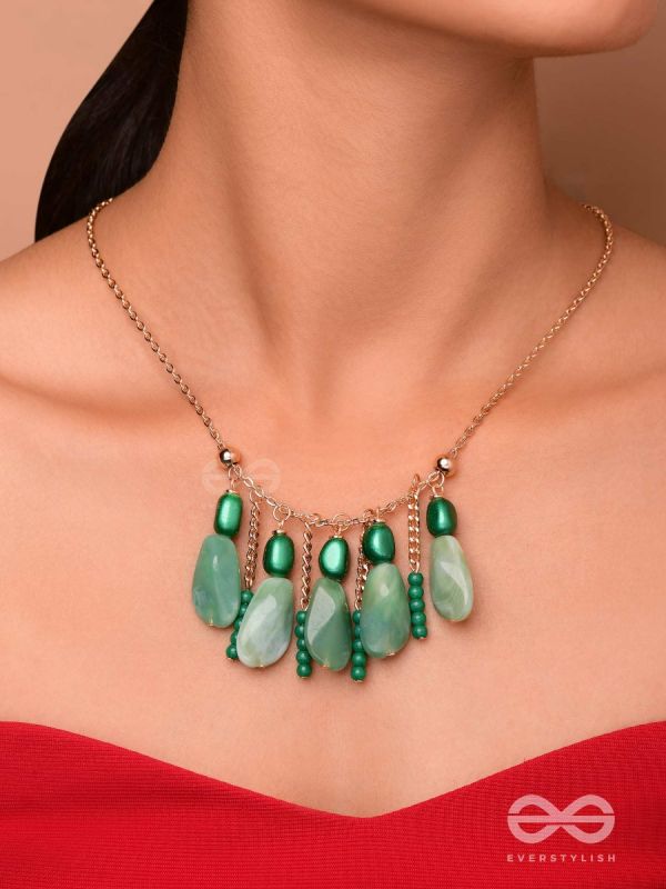 Nature's Emerald Paradise- Golden Playful Neckpiece With Anti-Tarnish Coating 