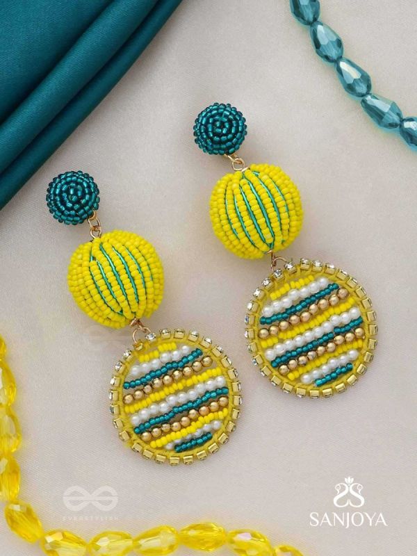 Viroka - Out & Loud - Beads Hand Embroidered Earrings (Yellow & Teal)