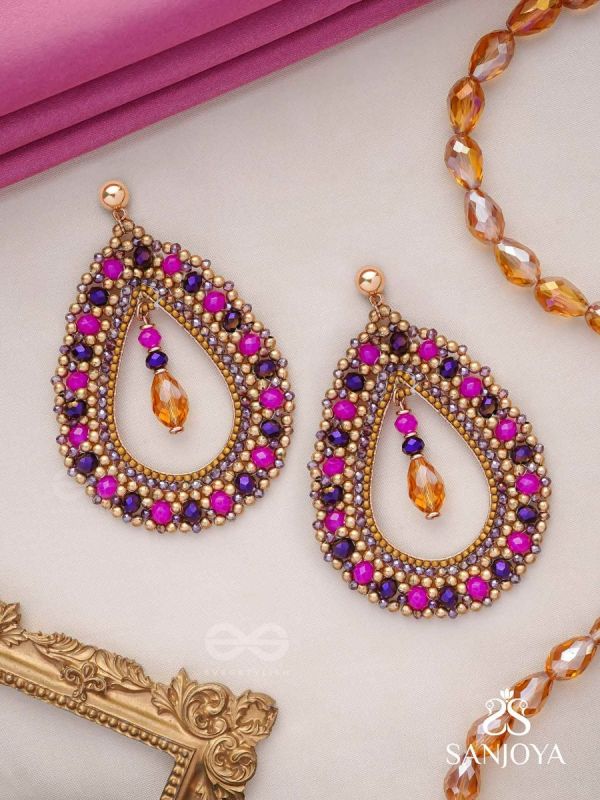 Vilobhanam - The Bittersweet Temptation - Golden Embellished Hand Embroidered Statement Earrings (Pink & Purple)