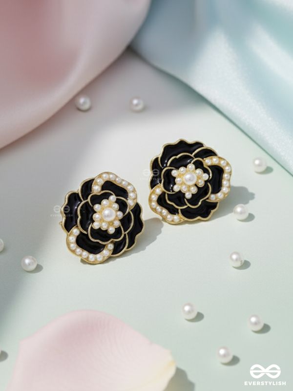 DEW DROPPED PEONIES - GOLDEN ENAMELLED STUDS (BLACK)