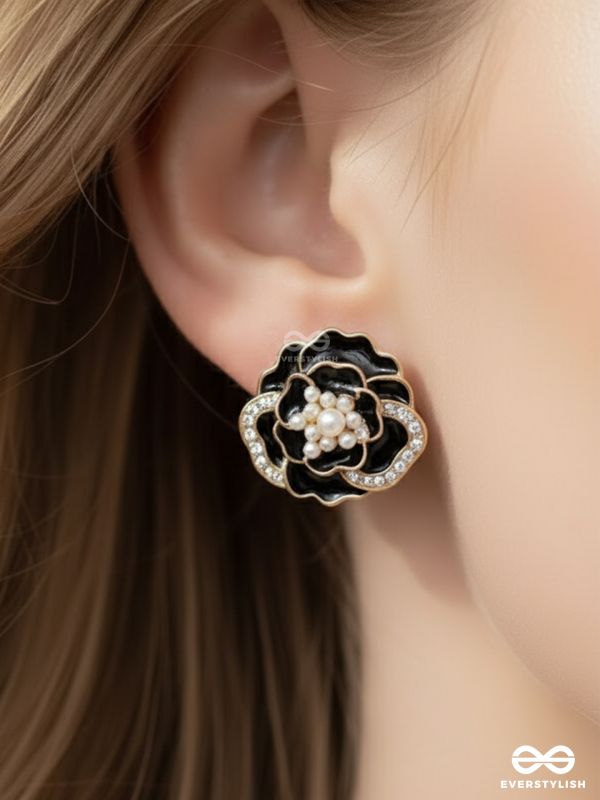 DEW DROPPED PEONIES - GOLDEN ENAMELLED STUDS (BLACK)