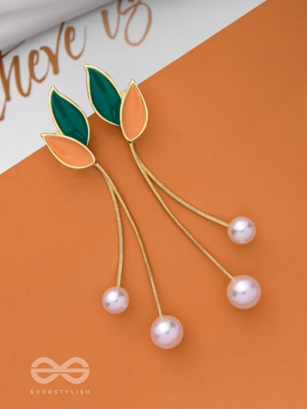 ALWAYS AN ANGEL - PEARL & ENAMELLED EAR JACKETS (GOLD AND GREEN)