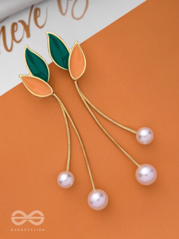 ALWAYS AN ANGEL - PEARL & ENAMELLED EAR JACKETS (GOLD AND GREEN)