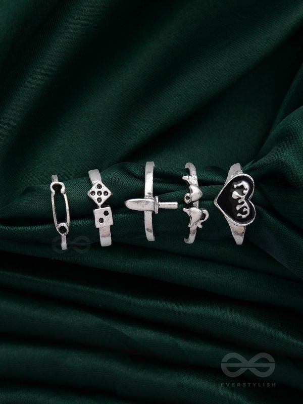 ALL ABOUT LOVE AND WAR - SET OF 5 SILVER RINGS