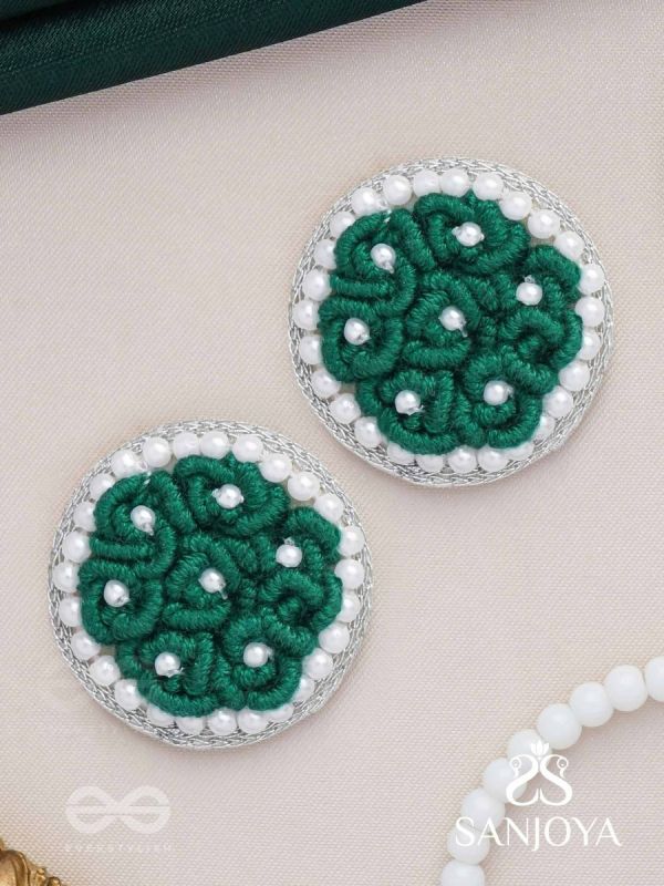VARALI - THE LUSH MEADOW - PEARL AND THREAD EMBROIDERED EARRINGS (GREEN)