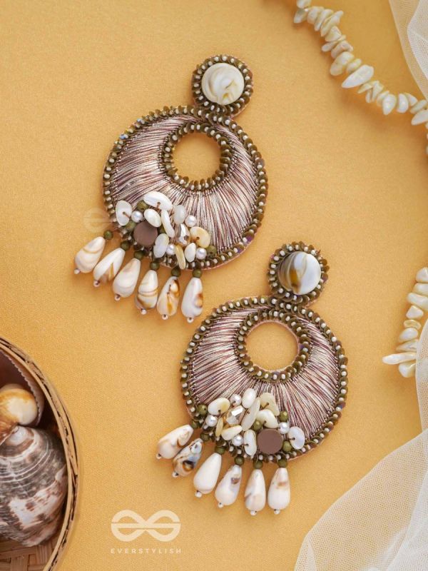 DHARANIKA - THE EARTHY HUES - RESHAM, BEADS & SHELL DROP EMBROIDERED EARRINGS