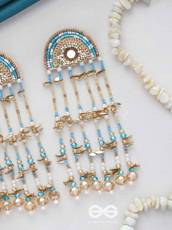 Ambudhara - The Rainstream - Sequins, Beads And Mirror Hand Embroidered Earrings (Blue & Gold)