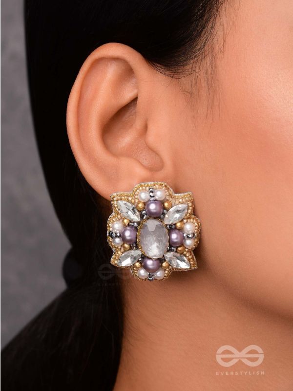 CHANDRAVALLI - THE SMOKY MOON - STONE, PEARLS AND BEADS EMBROIDERED EARRINGS (GRAY)