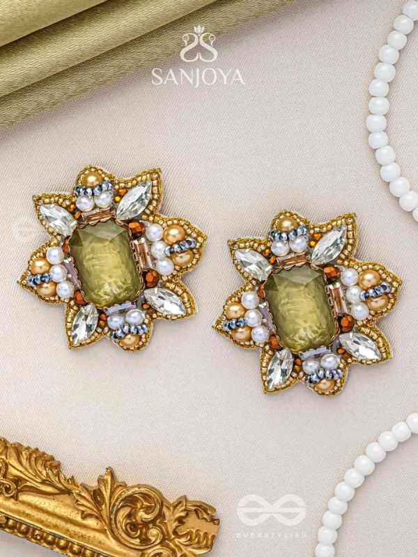 Dyauta -  Star Like Glow - Stone And Beads Hand Embroidered Stud Earrings