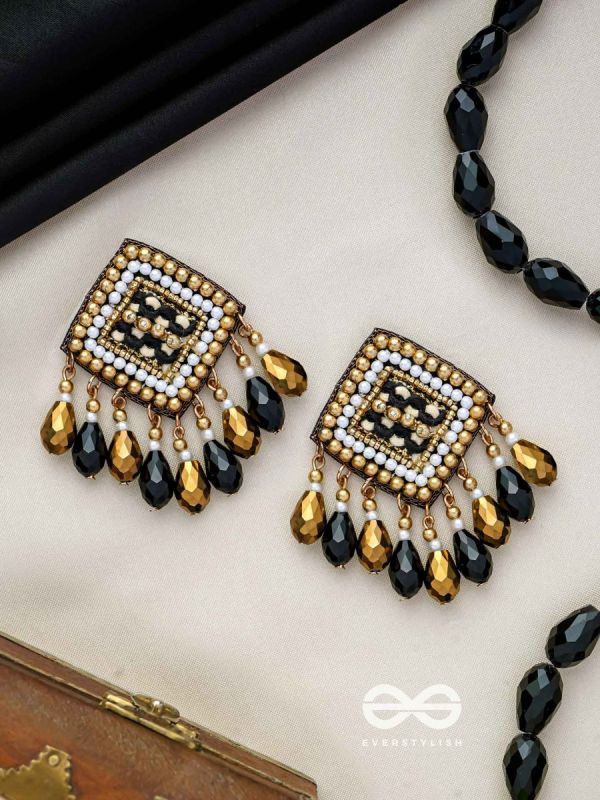 Kamagni - Fire Of Passion - Beads, Resham And Glass Drops Hand Embroidered Earrings (Black & Golden)