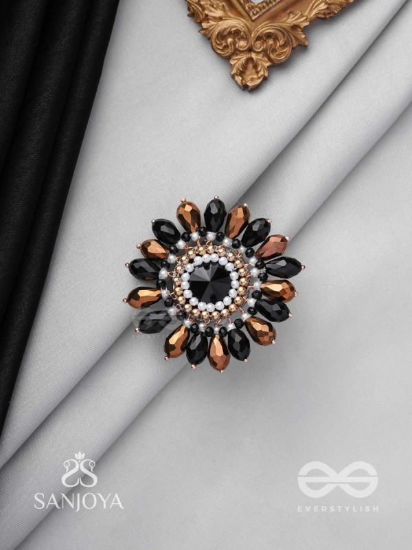 Aralu - Flower In Bloom - Beads, Stone And Glass Drops Hand Embroidered Adjustable Ring (Black & Golden)