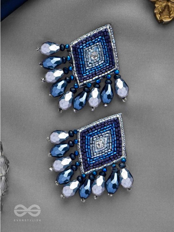 YASAS - THE ILLUMINATED FAME- STONE, CUT DANA AND GLASS DROPS EMBROIDERED EARRINGS (BLUE)
