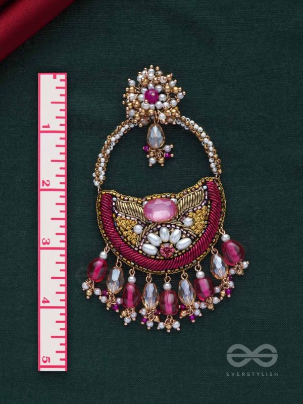 VILAKSANA - UNIQUE SPARKLING MOMENTS - STONE, BEADS, GLASS DROPS AND PEARLS EMBROIDERED EARRINGS (MAGENTA & GOLDEN)